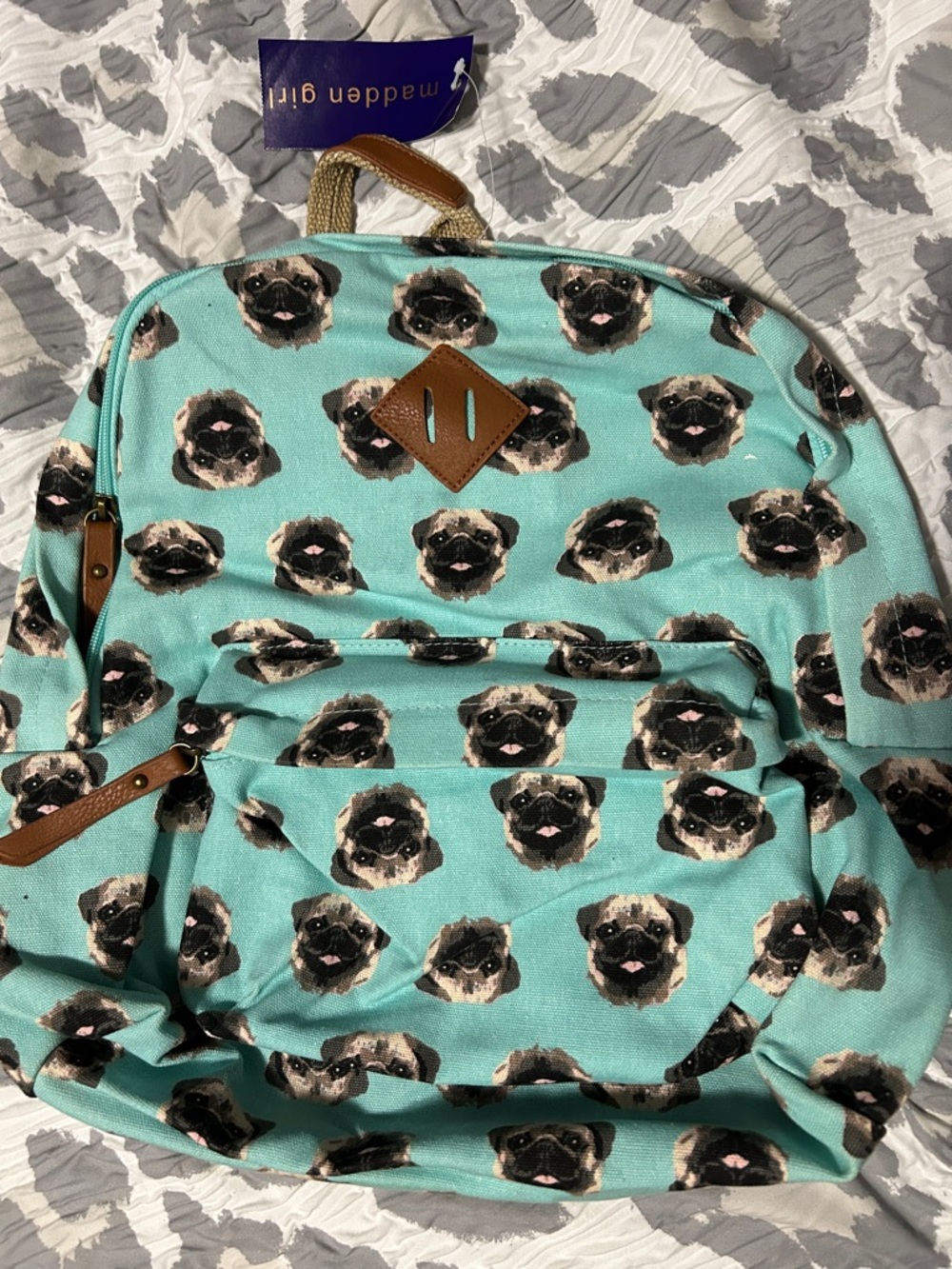 NEW Madden Girl Turquoise Pug Print Backpack